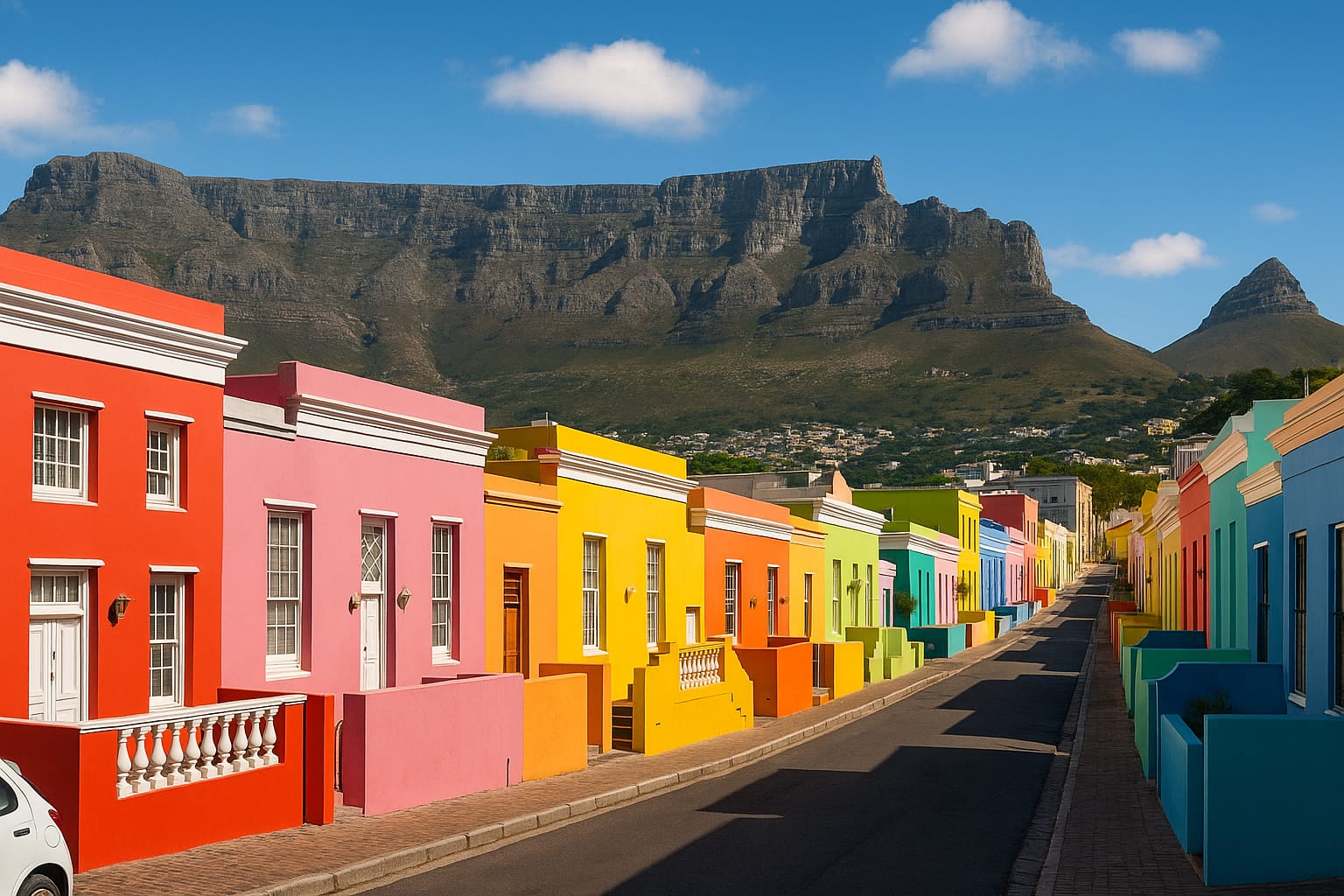 Colorful Bo-Kaap neighborhood in Cape Town with Table Mountain in the background