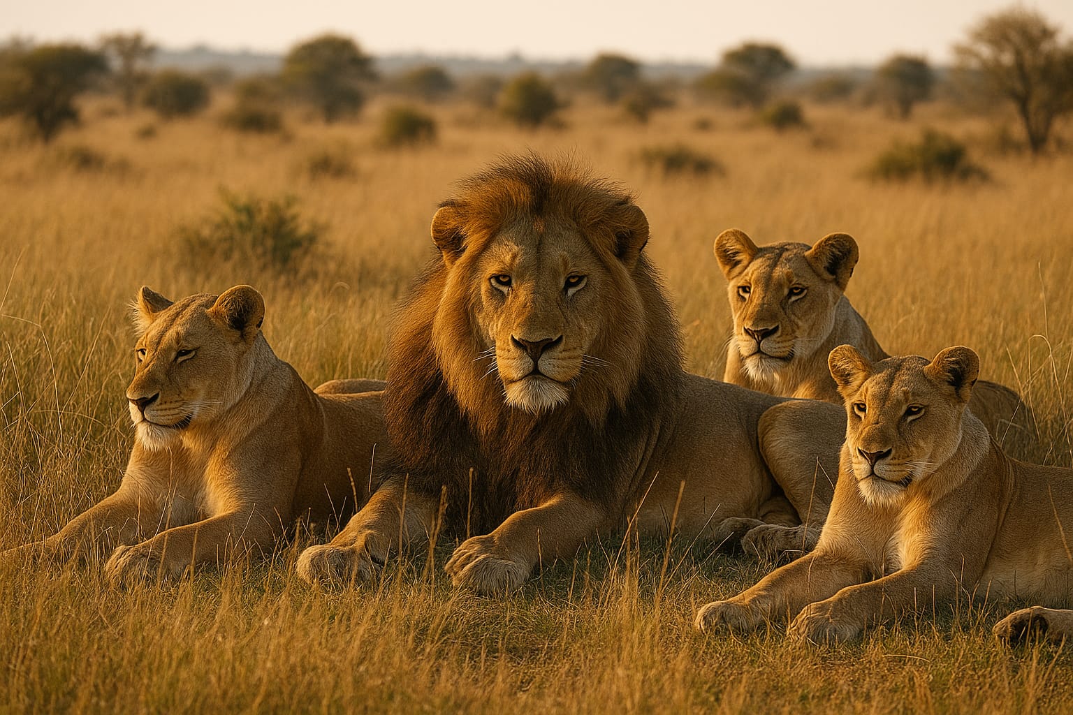 A majestic lion rests in the golden grass of Kruger National Park