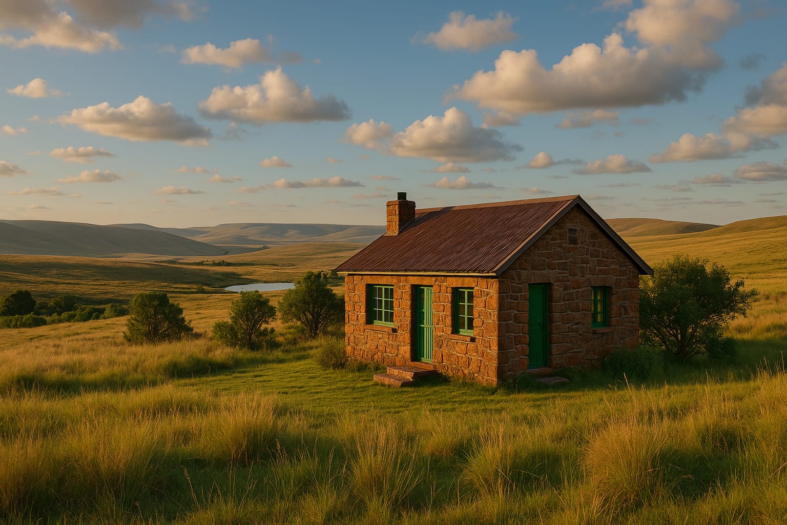 A cozy cottage with a chimney in the misty Dullstroom landscape