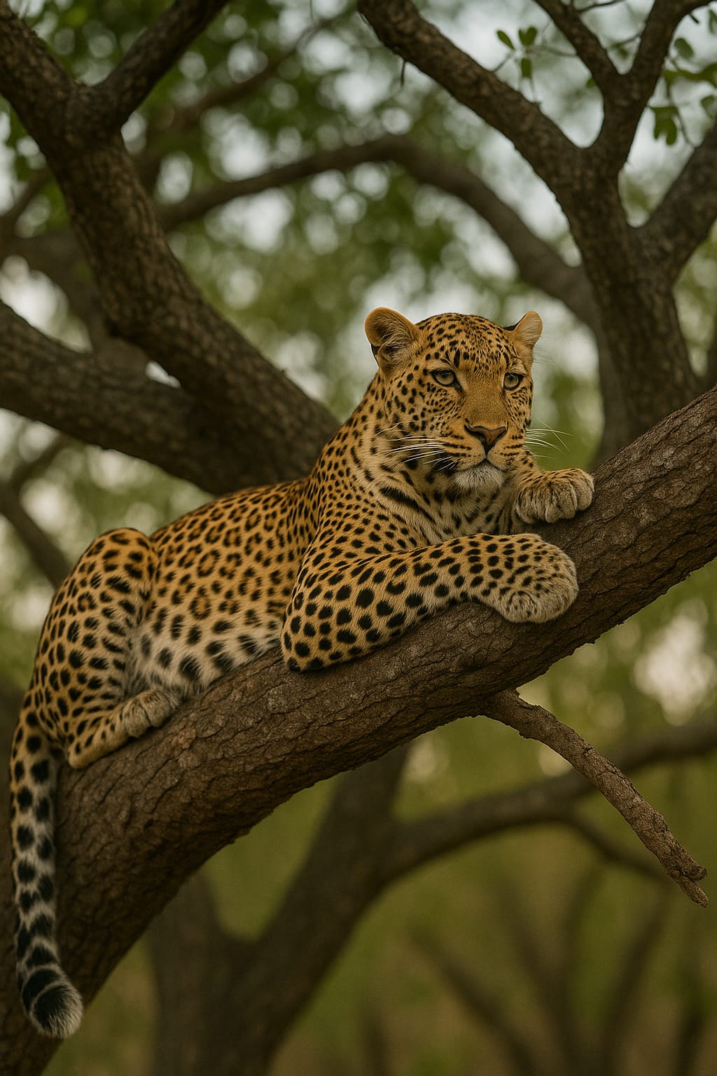 A leopard resting on a tree branch in Kruger National Park